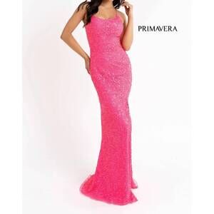 NEW PRIMAVERA lace up back sequin gown in neon pink